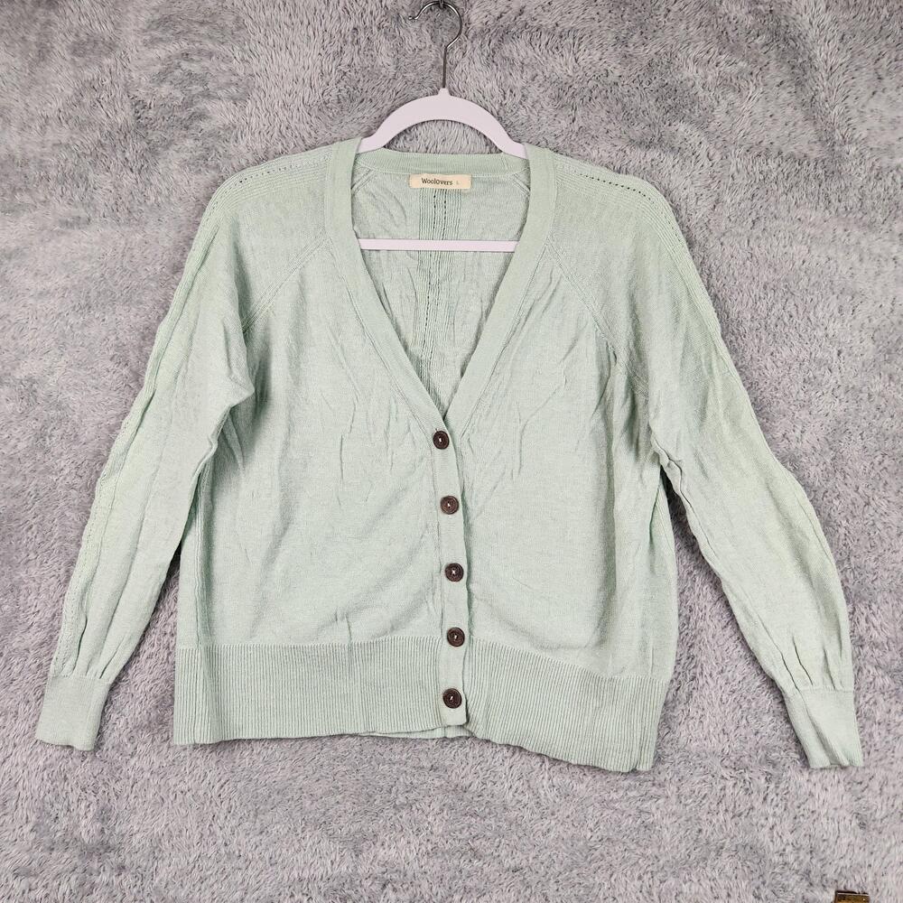 Woolovers Cardigan Sweater Womens Large Green Linen Cotton Button Front V Neck